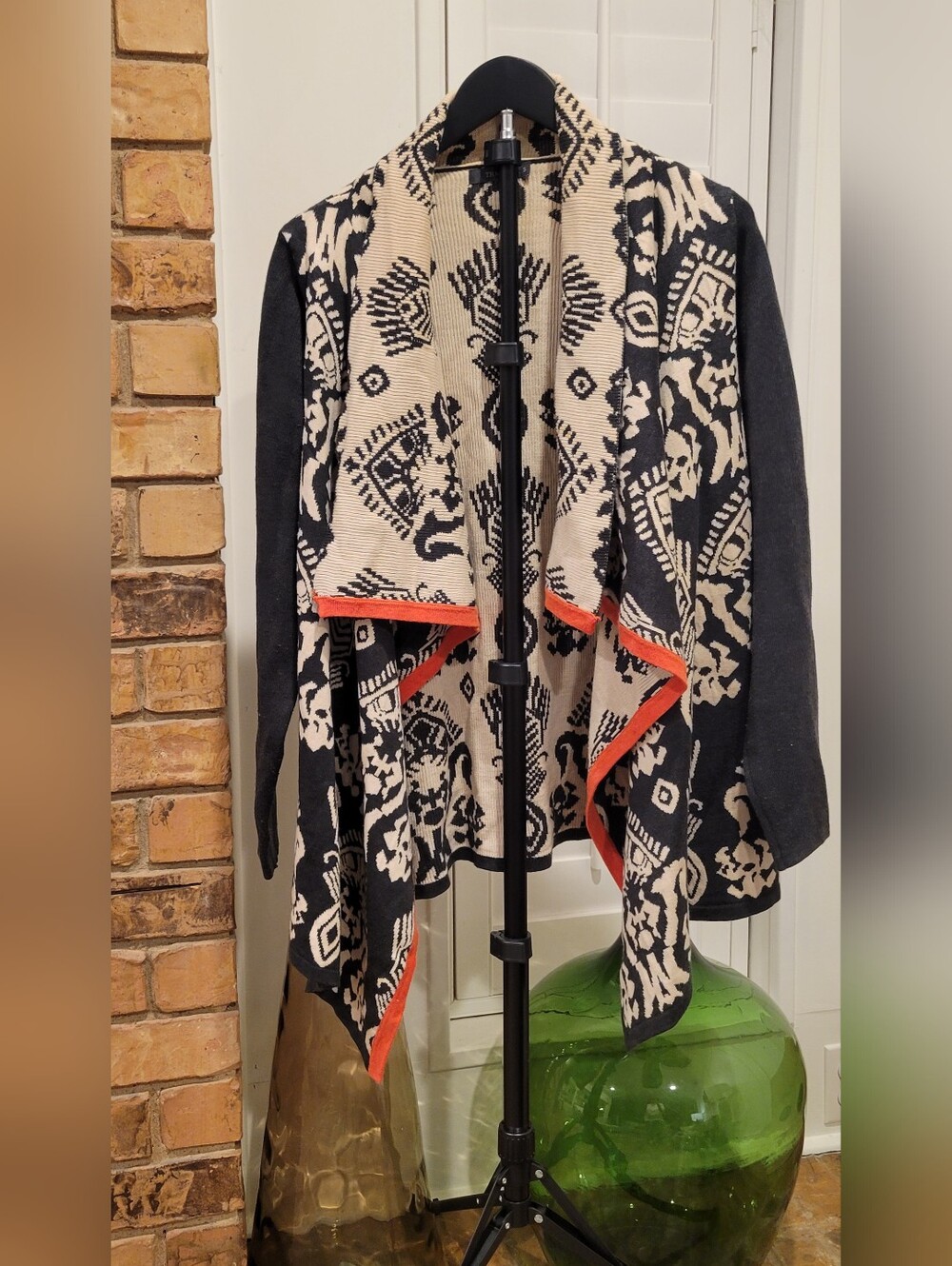 THML Black and Cream Geometric Knit Cardigan